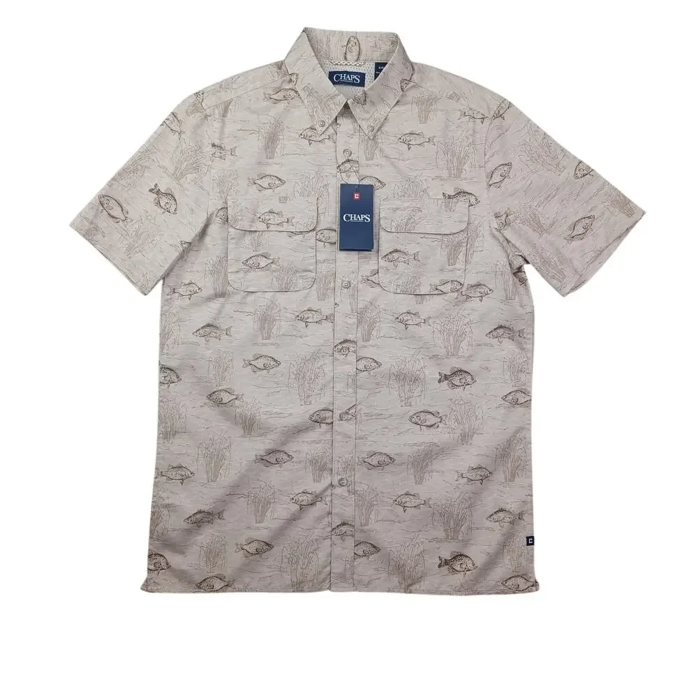 NWT Chaps Fishing Shirt | Men's Small | Tan Fish Print | UPF 50+ Quick Dry